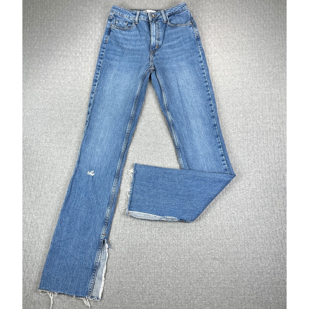 Zara Bootcut Jeans Women 2/24X33 Blue medium wash High Rise Raw Hem Side Slit‎